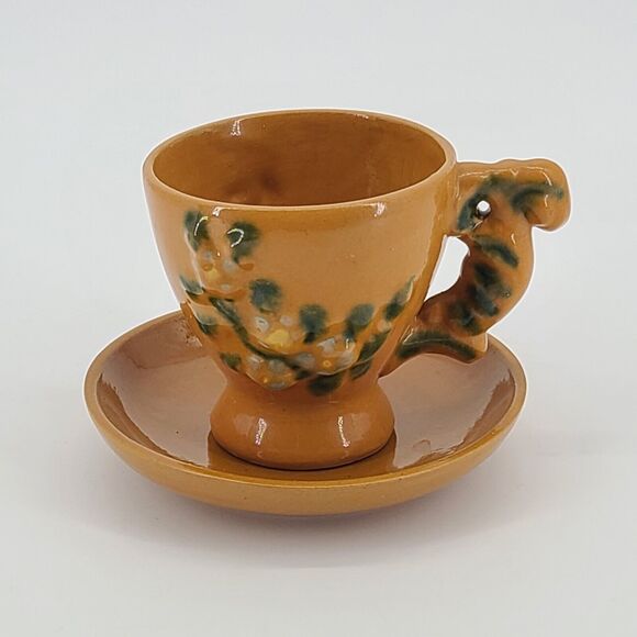 Vintage Pottery Cup Saucer Set Terra Cotta Yellow Floral - Picture 1 of 7